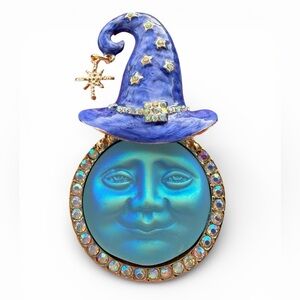 Blue Wizard Hat Moon Face Brooch